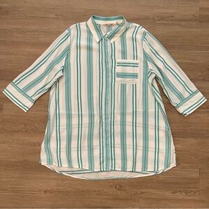 Soft Surroundings Ladson Button Up Top Green Stripe Coastal Lightweight Sz L